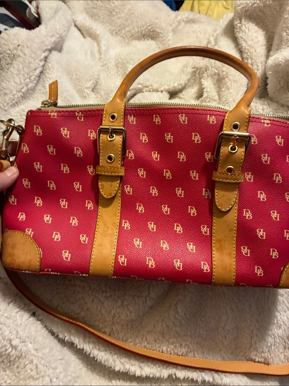 Dooney & Bourke Red Signature Satchel with Tan Trim and Gold Hardware